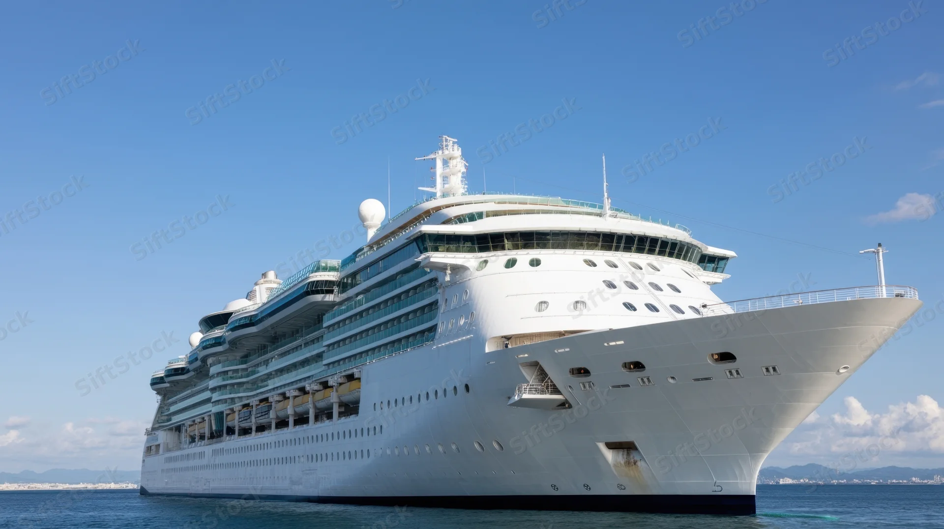Large white cruise ship floating on calm blue ocean under clear sky