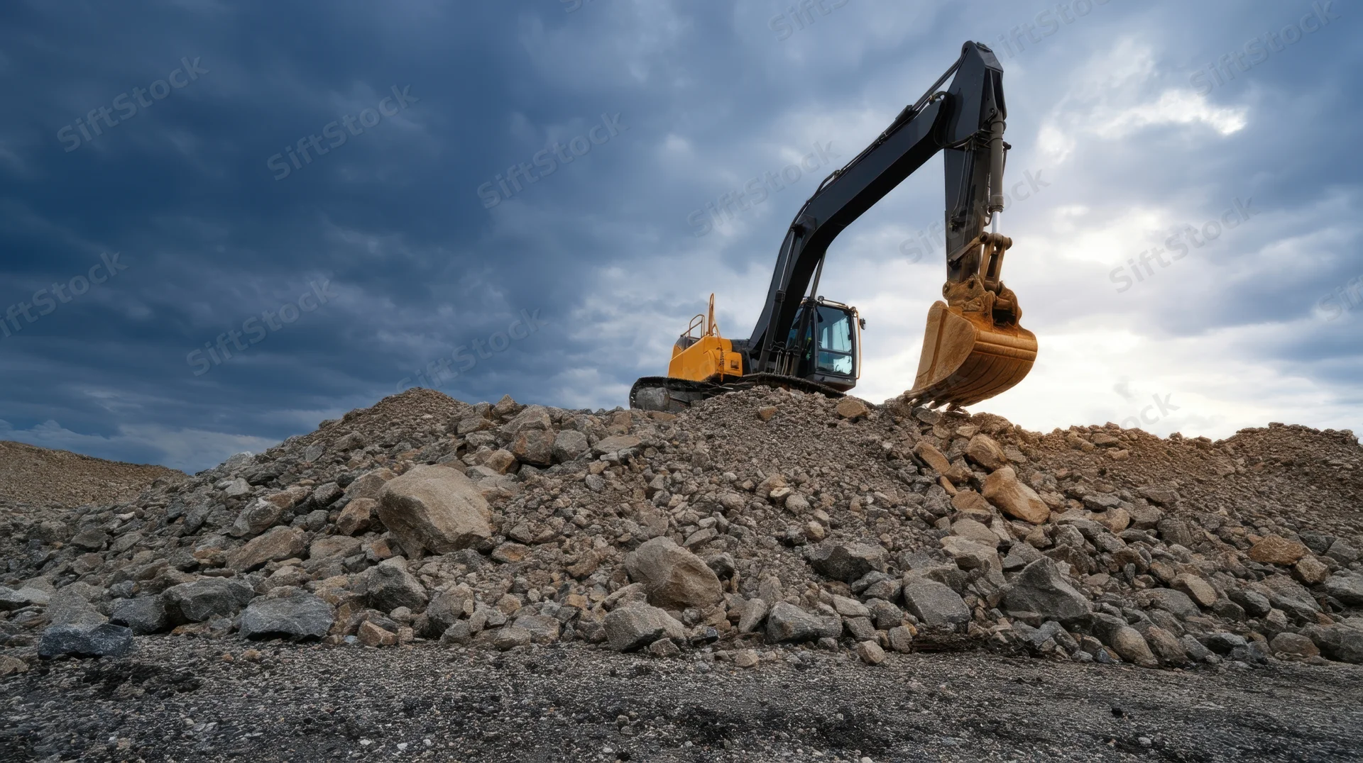 Excavator digging into a pile of rocks at a mining site under a cloudy sky