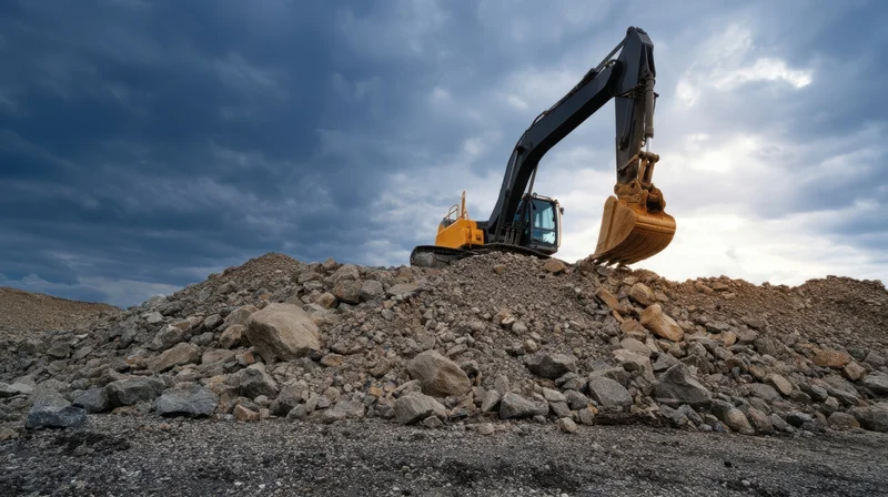 Excavator digging into a pile of rocks at a mining site under a cloudy sky