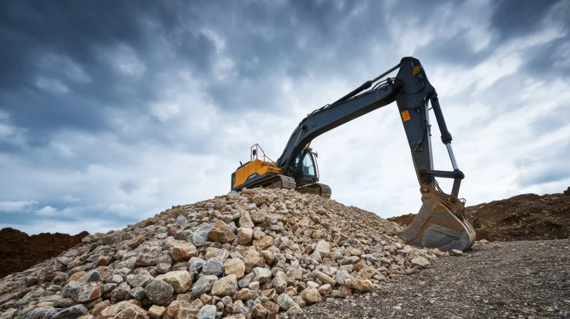 Excavator positioned atop a pile of rocks at a mining site under a cloudy sky