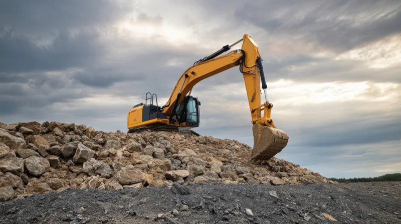 Yellow excavator operating on a pile of rocks at a quarry site