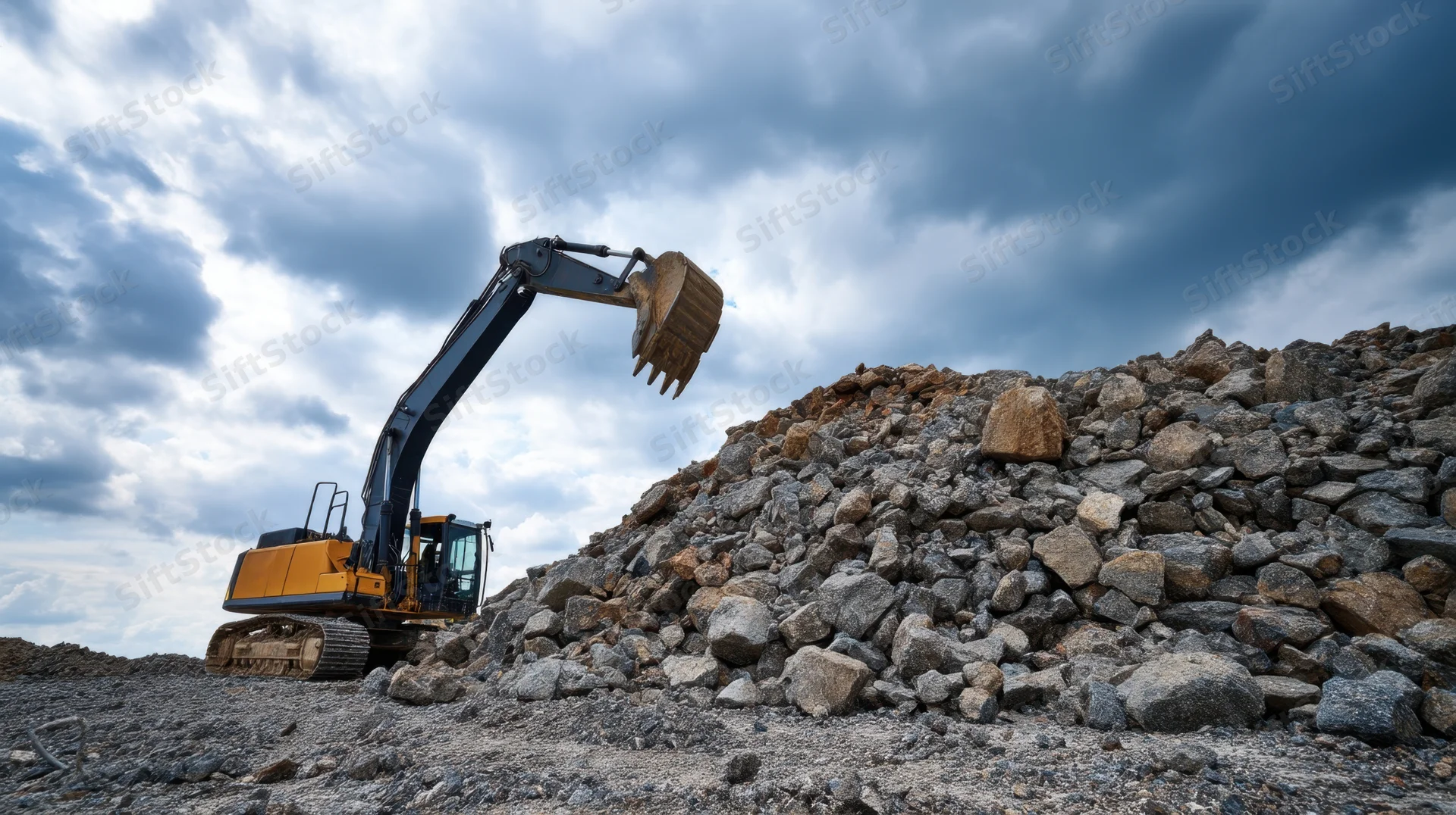 Excavator digging into a pile of rocks at a quarry site