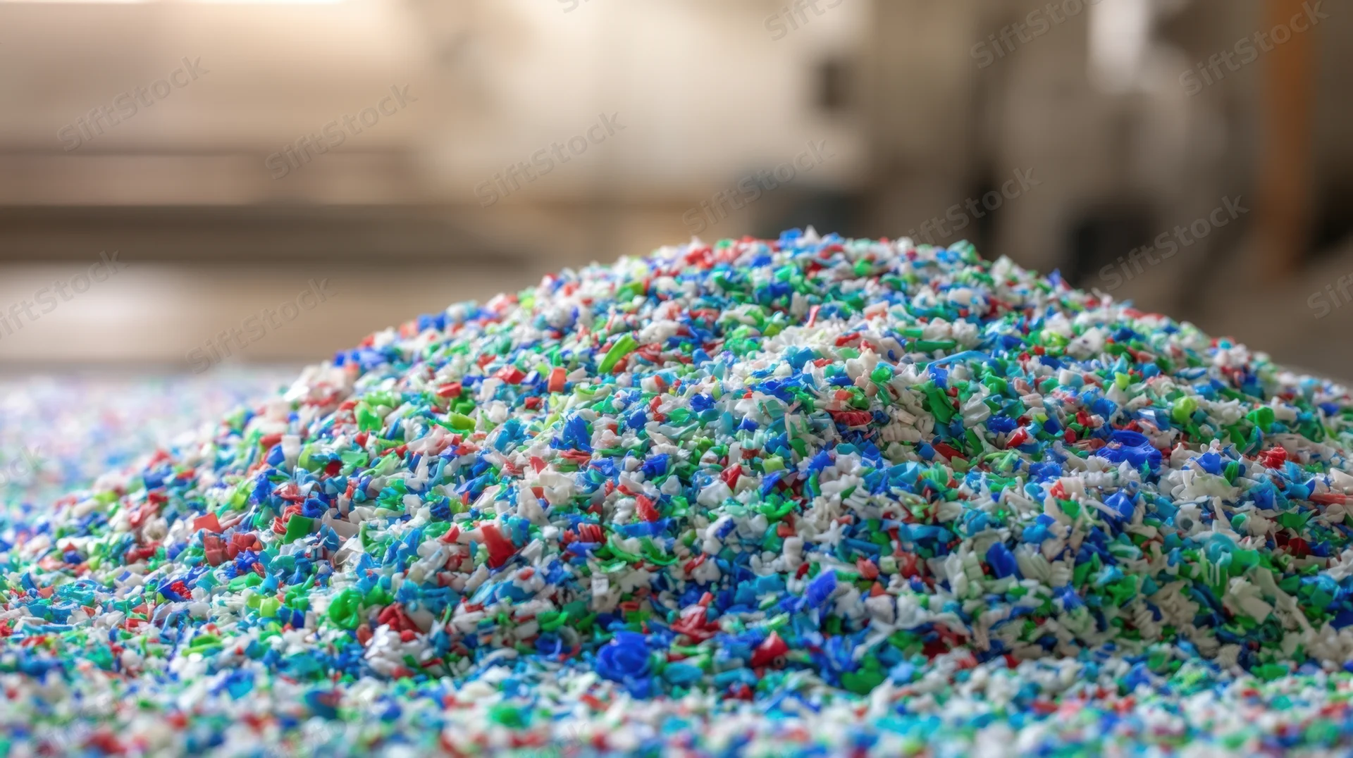 Pile of multicolored plastic granules in an industrial recycling facility