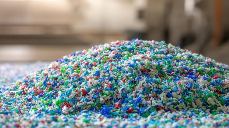 Pile of multicolored plastic granules in an industrial recycling facility
