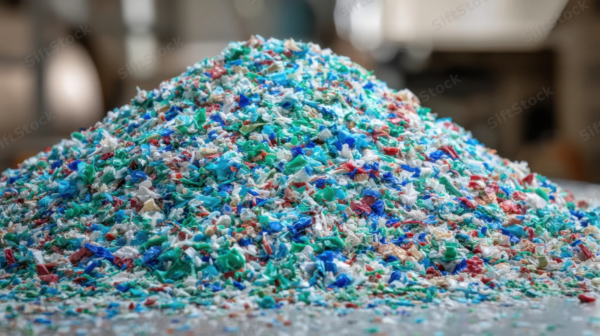 Pile of multicolored shredded plastic waste on a metal surface in a recycling facility