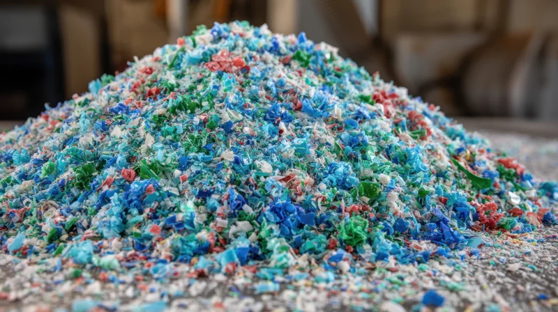 Pile of shredded colorful plastic waste on concrete floor in recycling facility