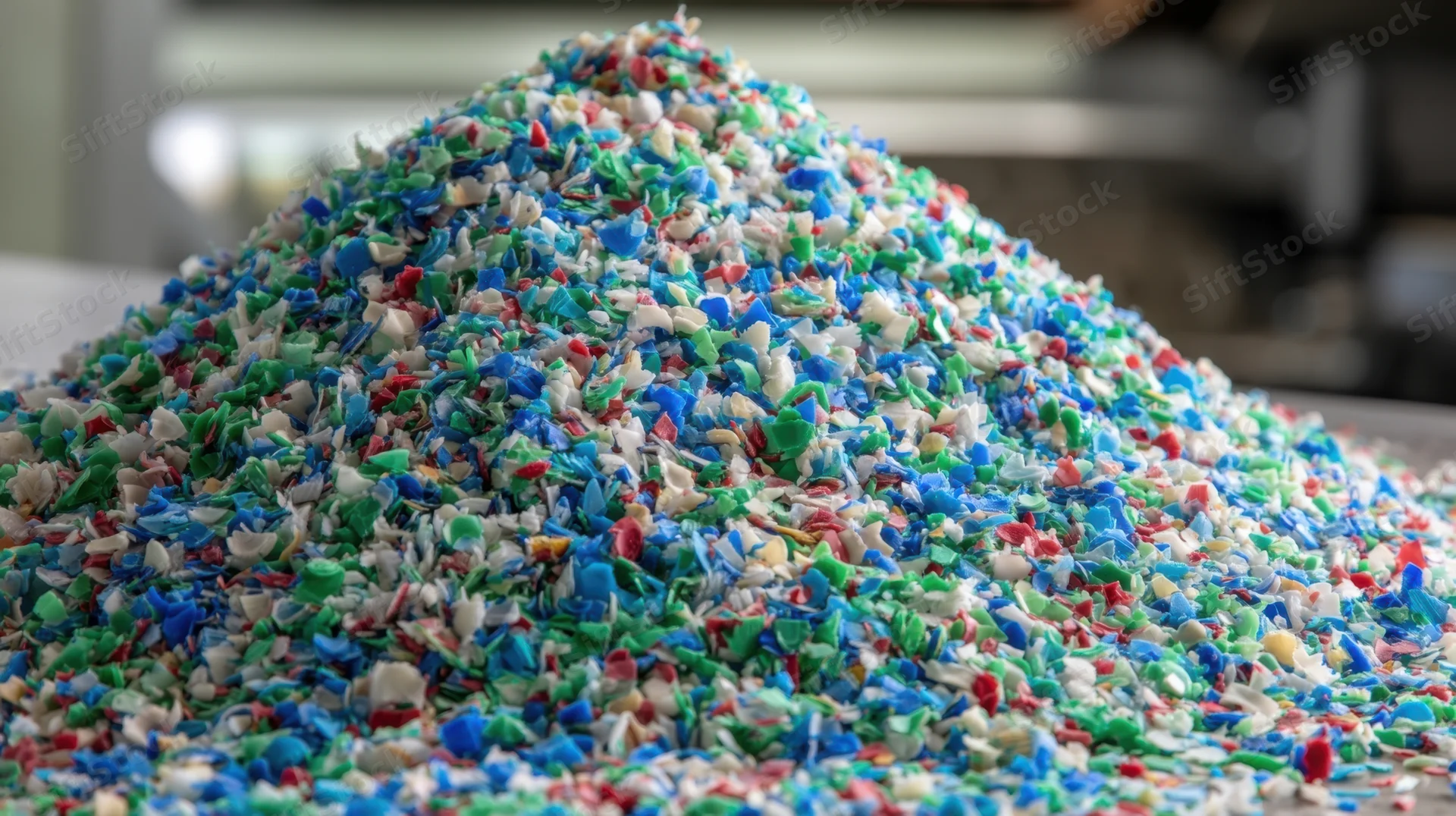 Pile of multicolored shredded plastic granules on industrial surface
