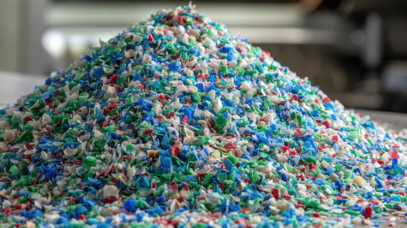 Pile of multicolored shredded plastic granules on industrial surface