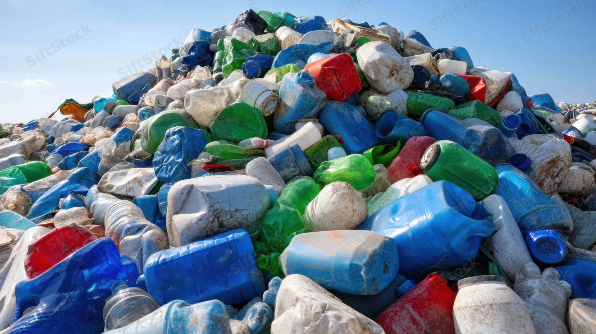Large pile of discarded plastic bottles and containers at a landfill site under clear sky