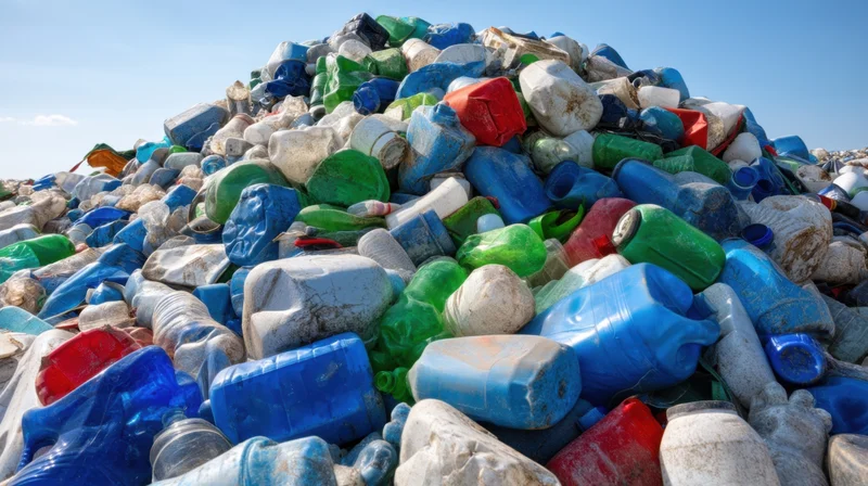Large pile of discarded plastic bottles and containers at a landfill site under clear sky