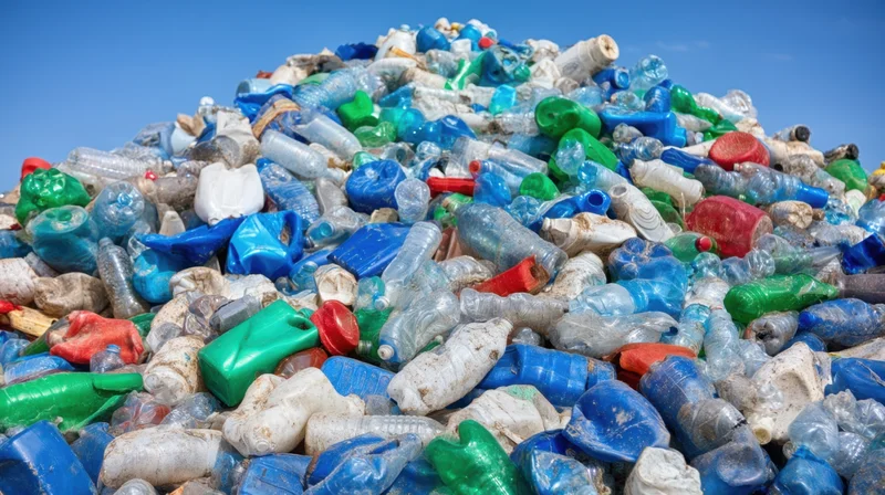 A large pile of crushed plastic bottles and containers under a clear blue sky at a recycling site