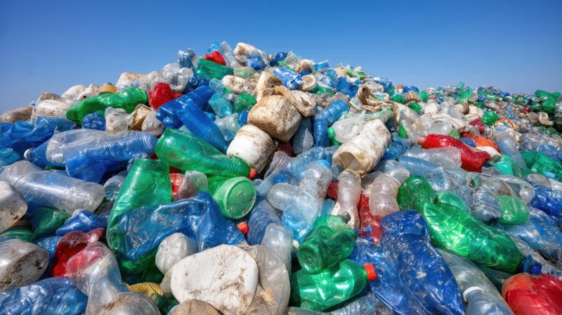 A large pile of crushed plastic bottles and waste under a clear blue sky at a landfill site