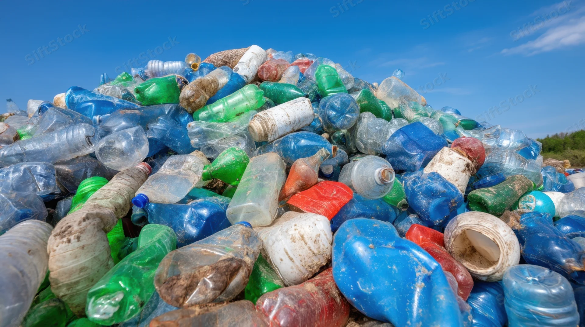 Large pile of crumpled plastic bottles under a clear blue sky at a landfill site
