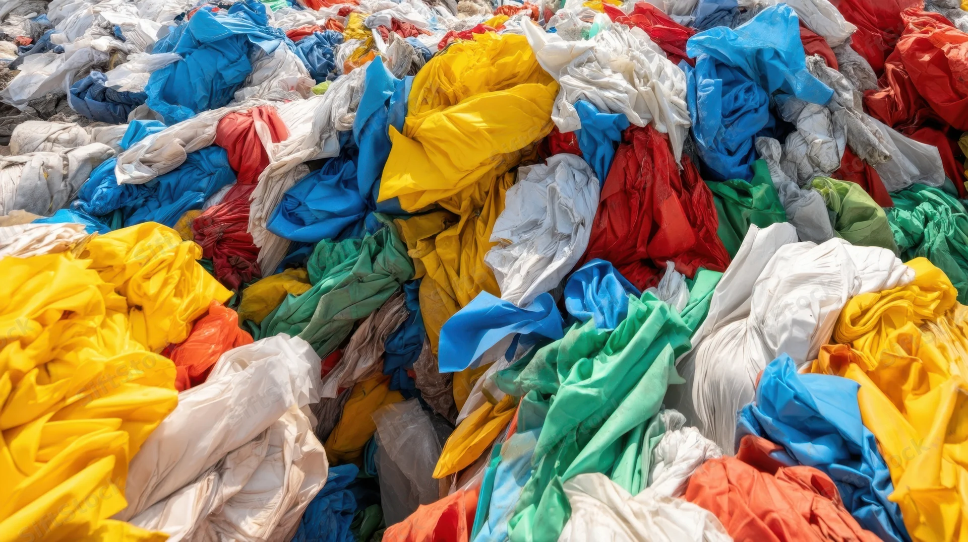 Large pile of crumpled colorful plastic textiles in a recycling facility