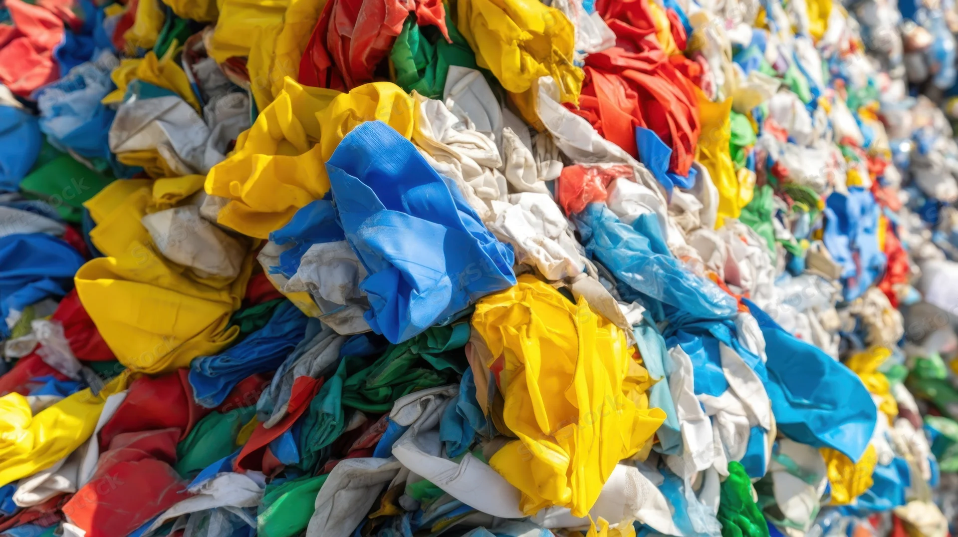 Colorful prayer flags piled together outdoors in a mountain setting