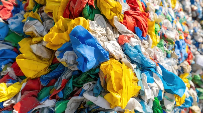Colorful prayer flags piled together outdoors in a mountain setting