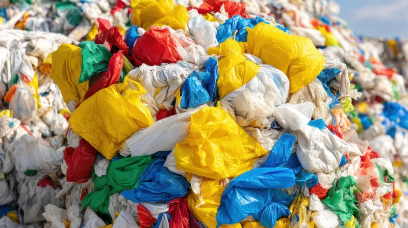 Large pile of crumpled colorful plastic bags at a landfill site under daylight