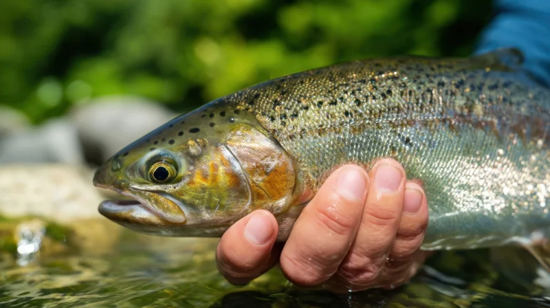 Hand holding a large trout in shallow river water near green foliage