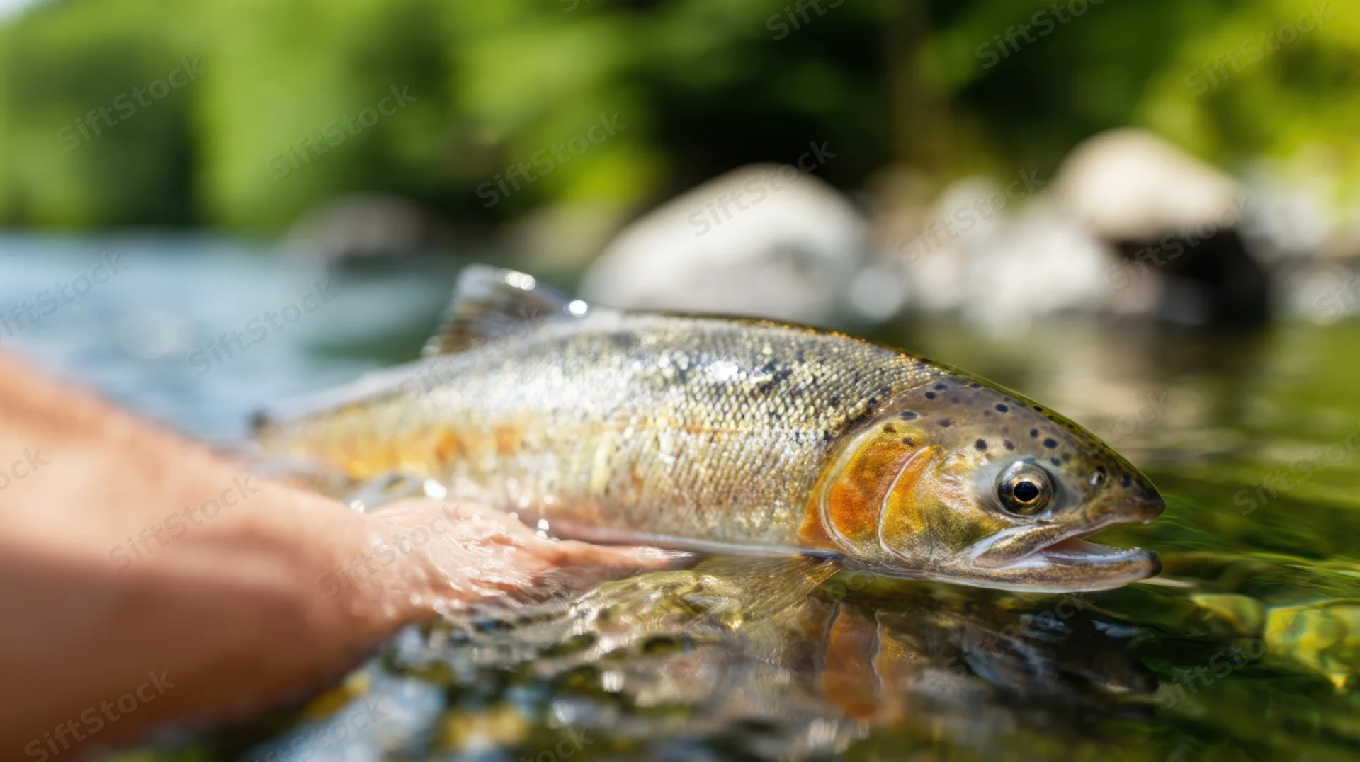 Hand holding a large salmon in shallow river water