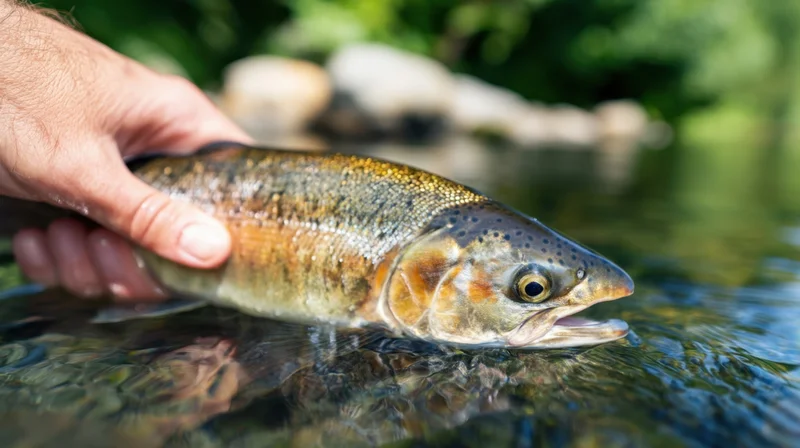 Hand holding a trout in shallow river water near riverbank