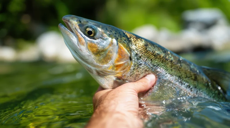 Hand holding a large salmon in shallow river water