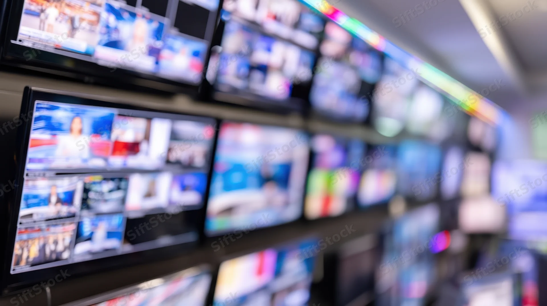 Multiple televisions mounted on a wall in a retail store showroom