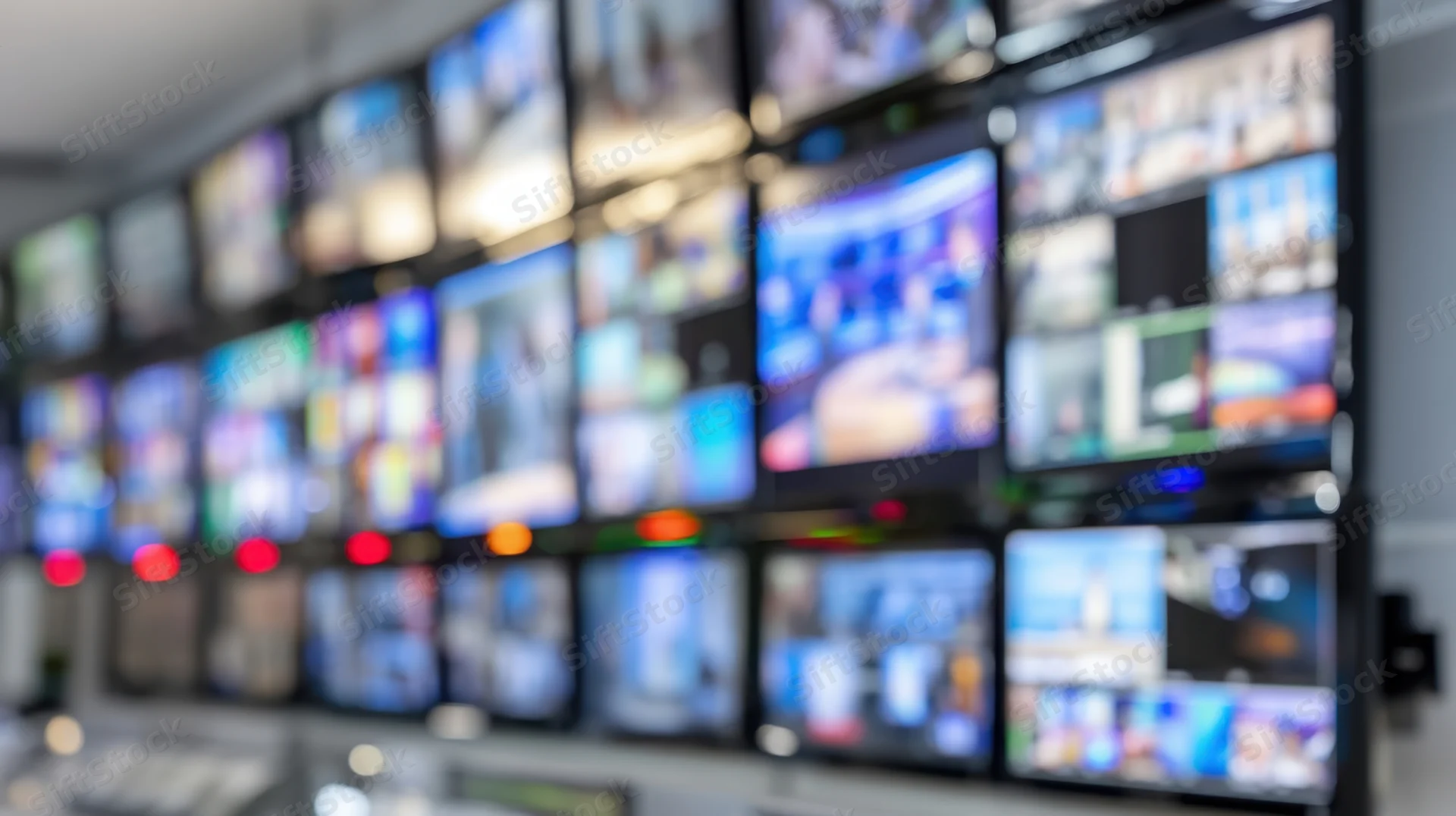 Wall of monitors displaying multiple video feeds in a security control room