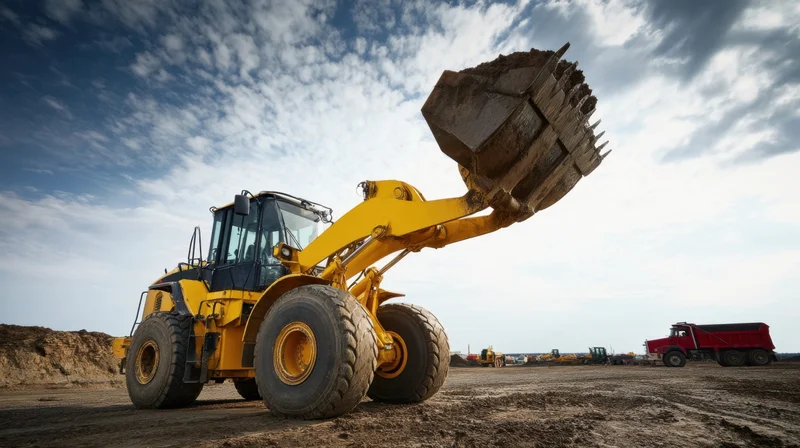 Yellow excavator lifting dirt in a mining quarry with a red haul truck nearby