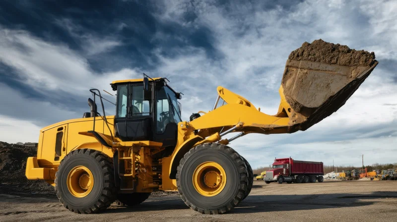 Yellow excavator lifting dirt with bucket at mining site under cloudy sky