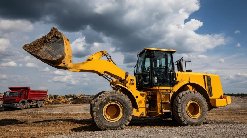Yellow excavator lifting dirt with bucket at construction site under cloudy sky