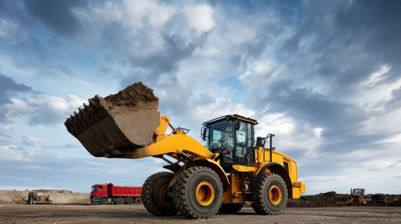 Yellow excavator lifting soil in a quarry with a red dump truck in the background