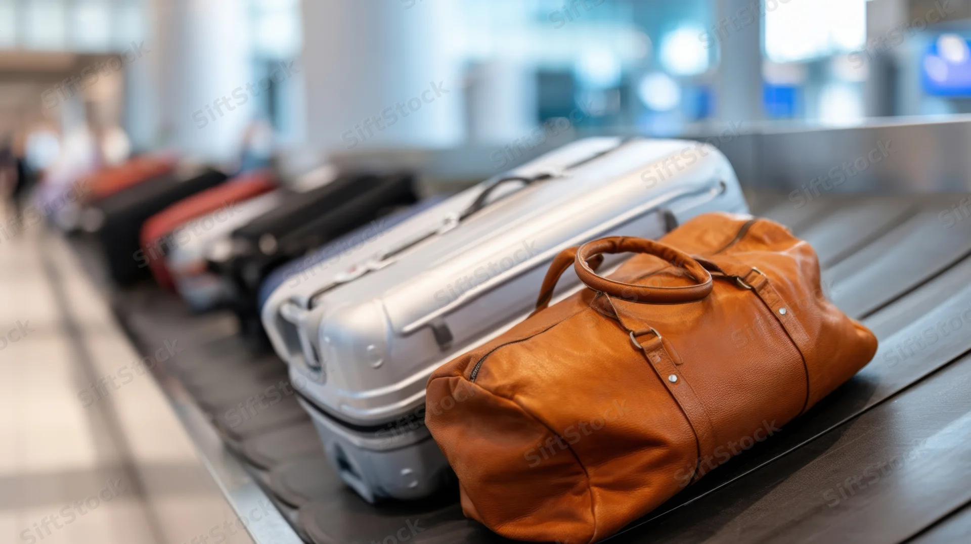 Luggage on conveyor belt in airport terminal