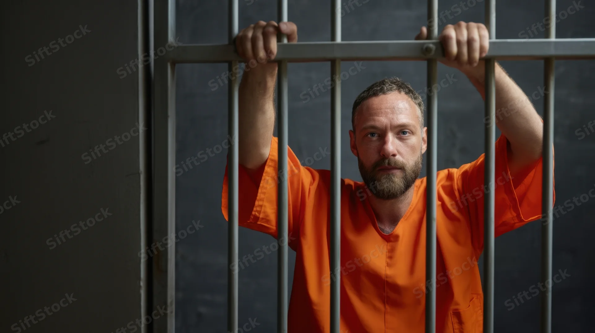 Man in orange jumpsuit gripping prison bars in a cell