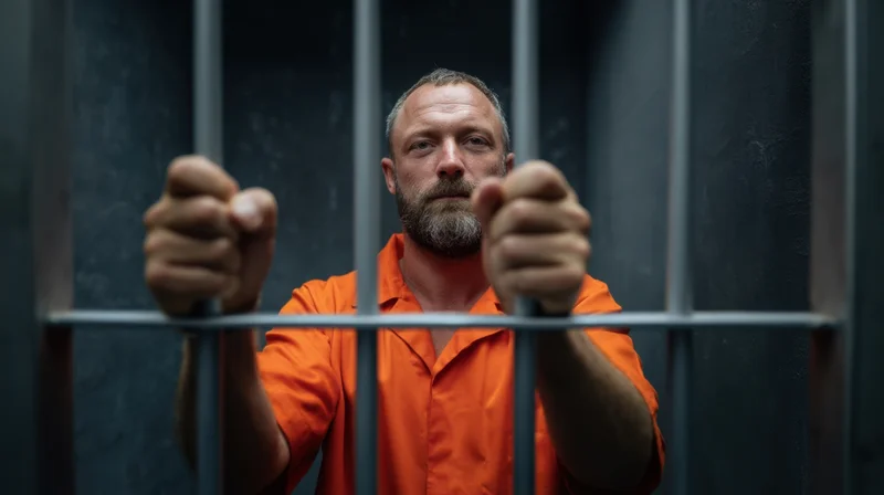 Male prisoner in orange jumpsuit gripping metal bars in jail cell, looking forward with serious expression