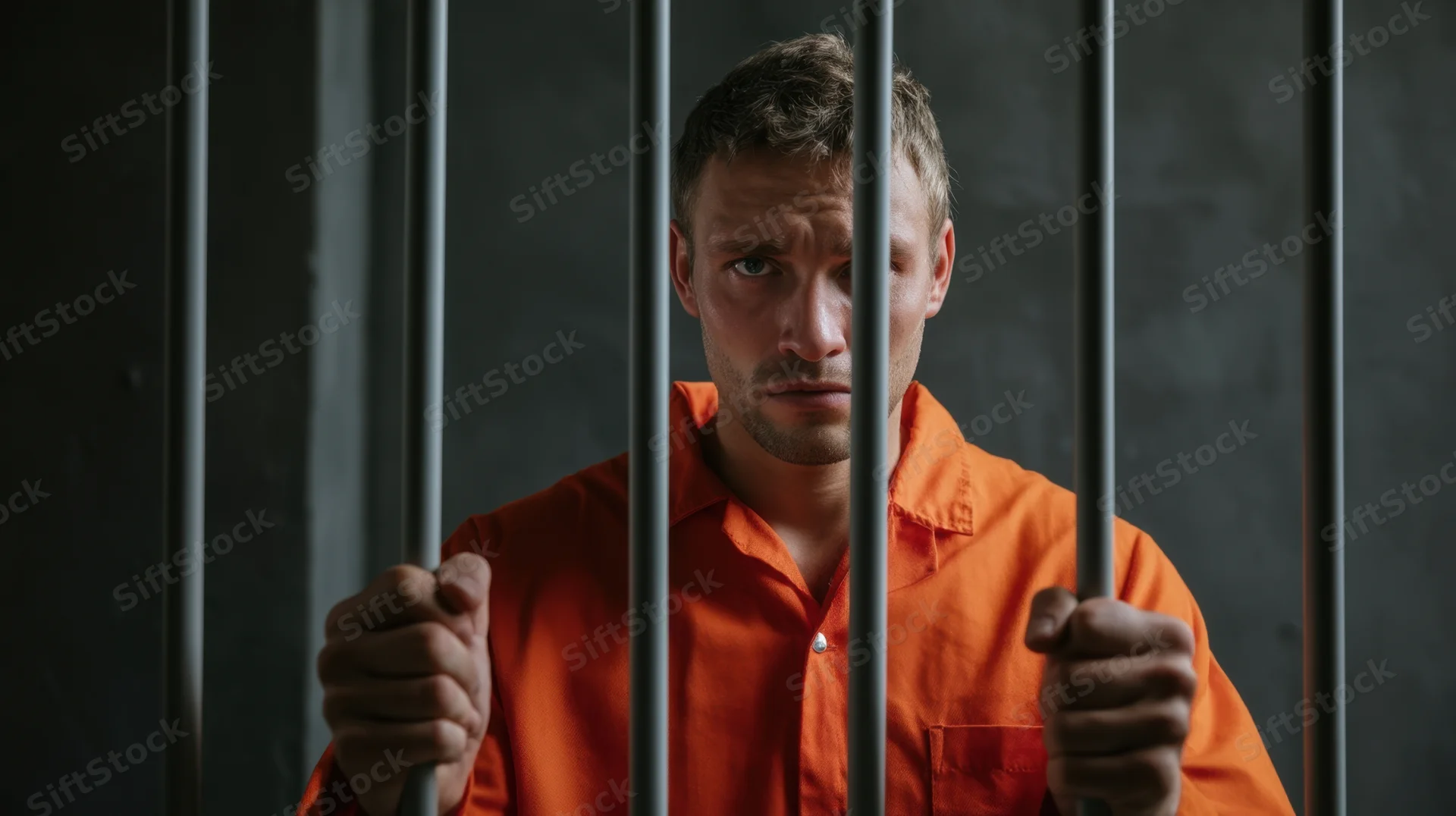 Man in orange prison uniform gripping bars in a jail cell