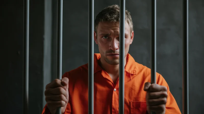 Man in orange prison uniform gripping bars in a jail cell