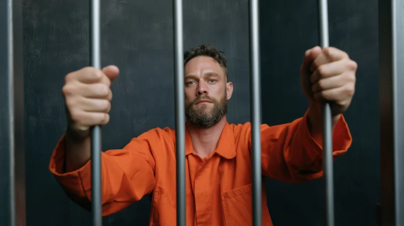 Man in orange prison uniform gripping metal bars in jail cell