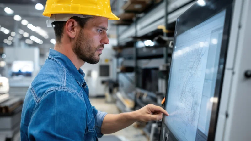 Male engineer in yellow hardhat pointing at blueprint on touchscreen control panel in factory