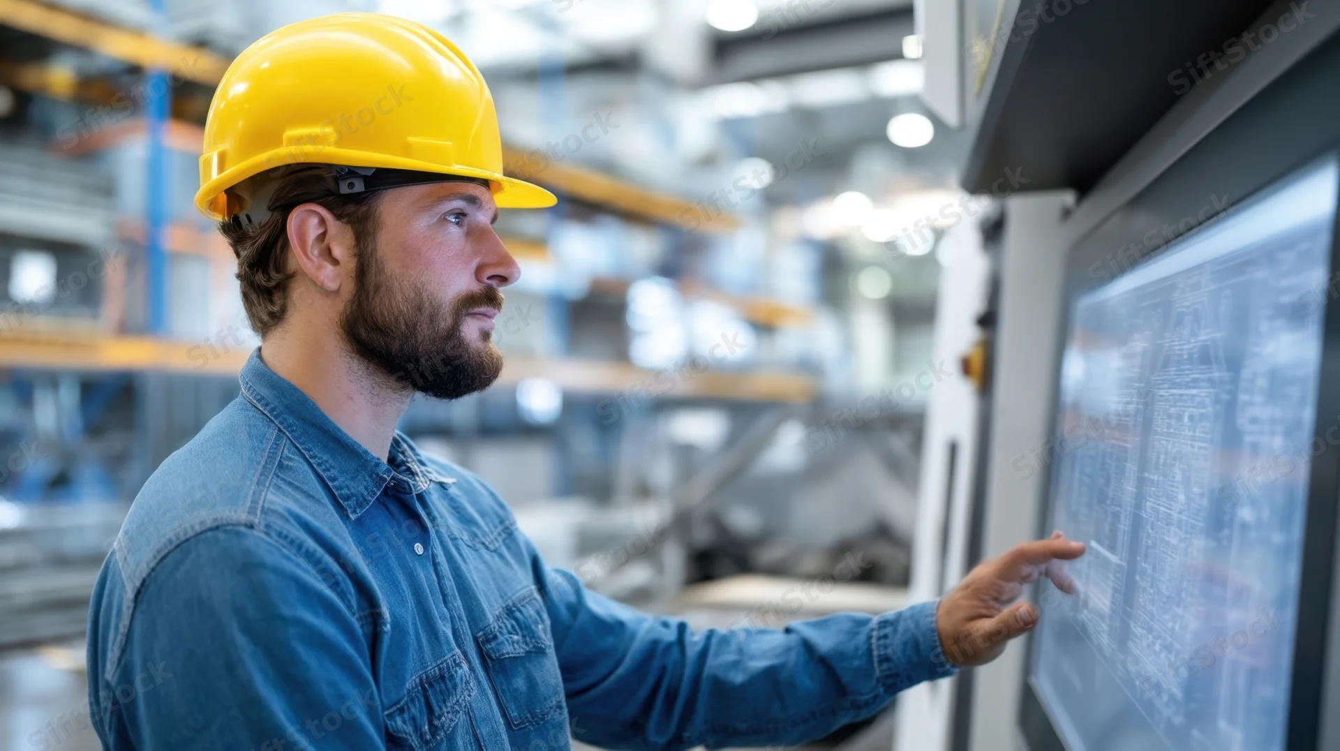 Male engineer in yellow hard hat interacting with digital control panel in factory setting