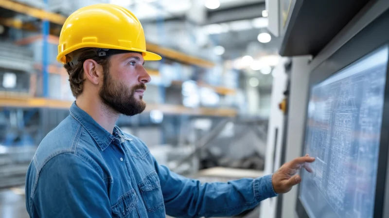Male engineer in yellow hard hat interacting with digital control panel in factory setting