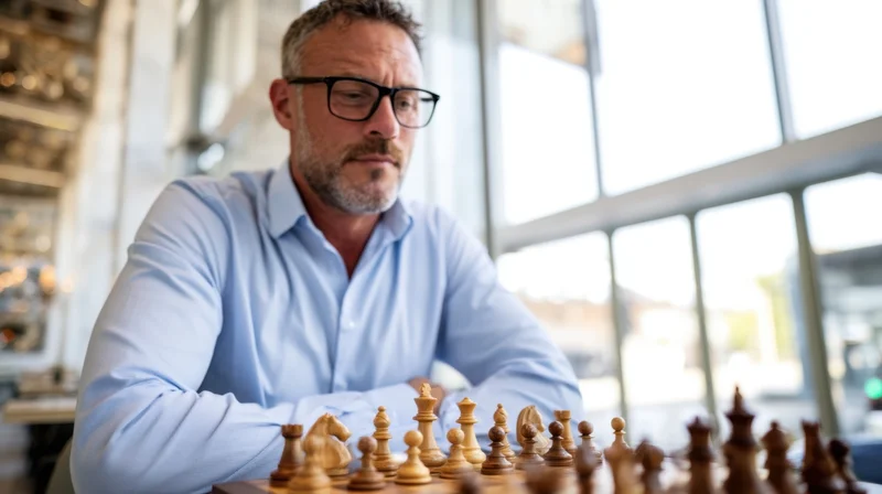 Man concentrating on chess game at office table by window
