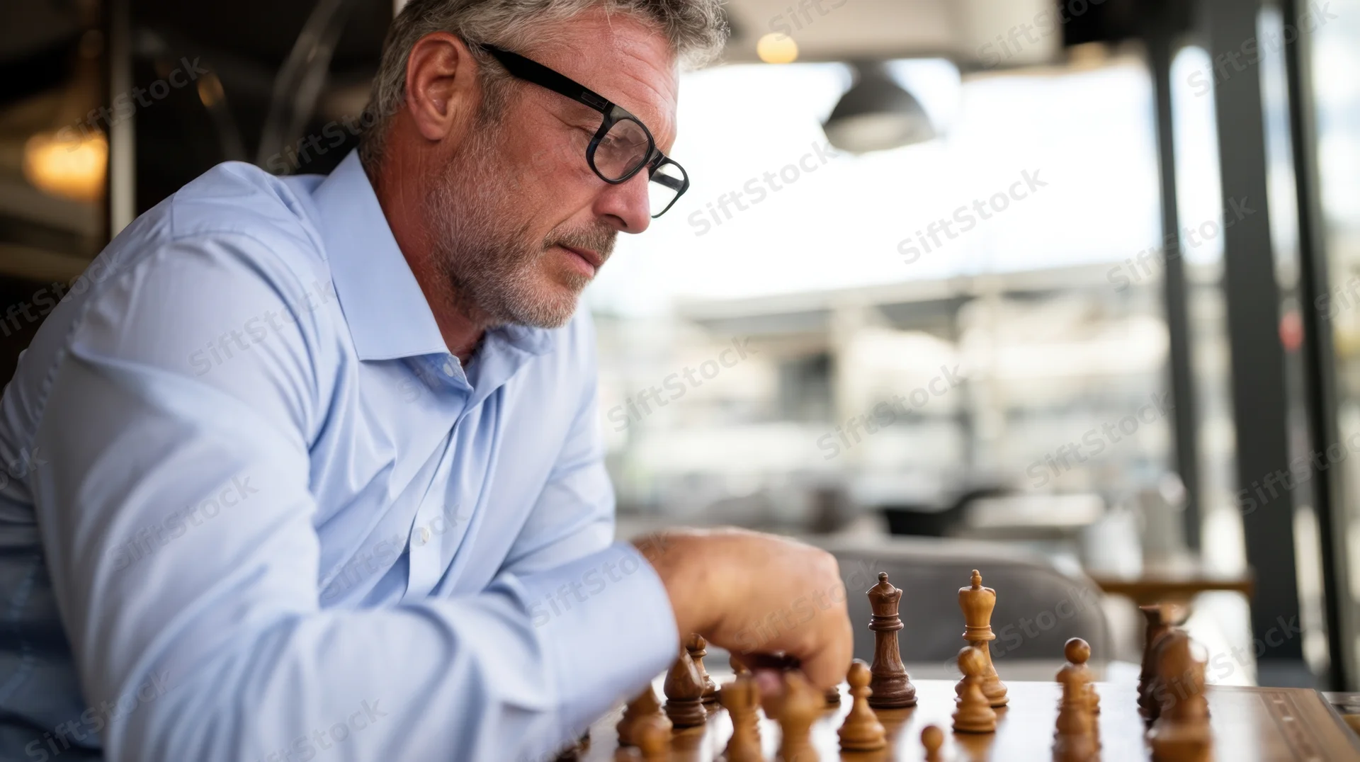 Man playing chess with focused expression at indoor cafe table
