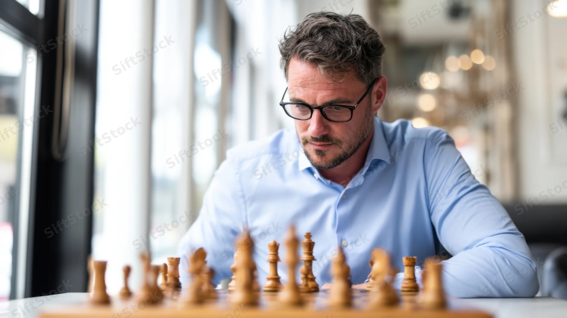 Man playing chess with focused expression in a cafe by a window