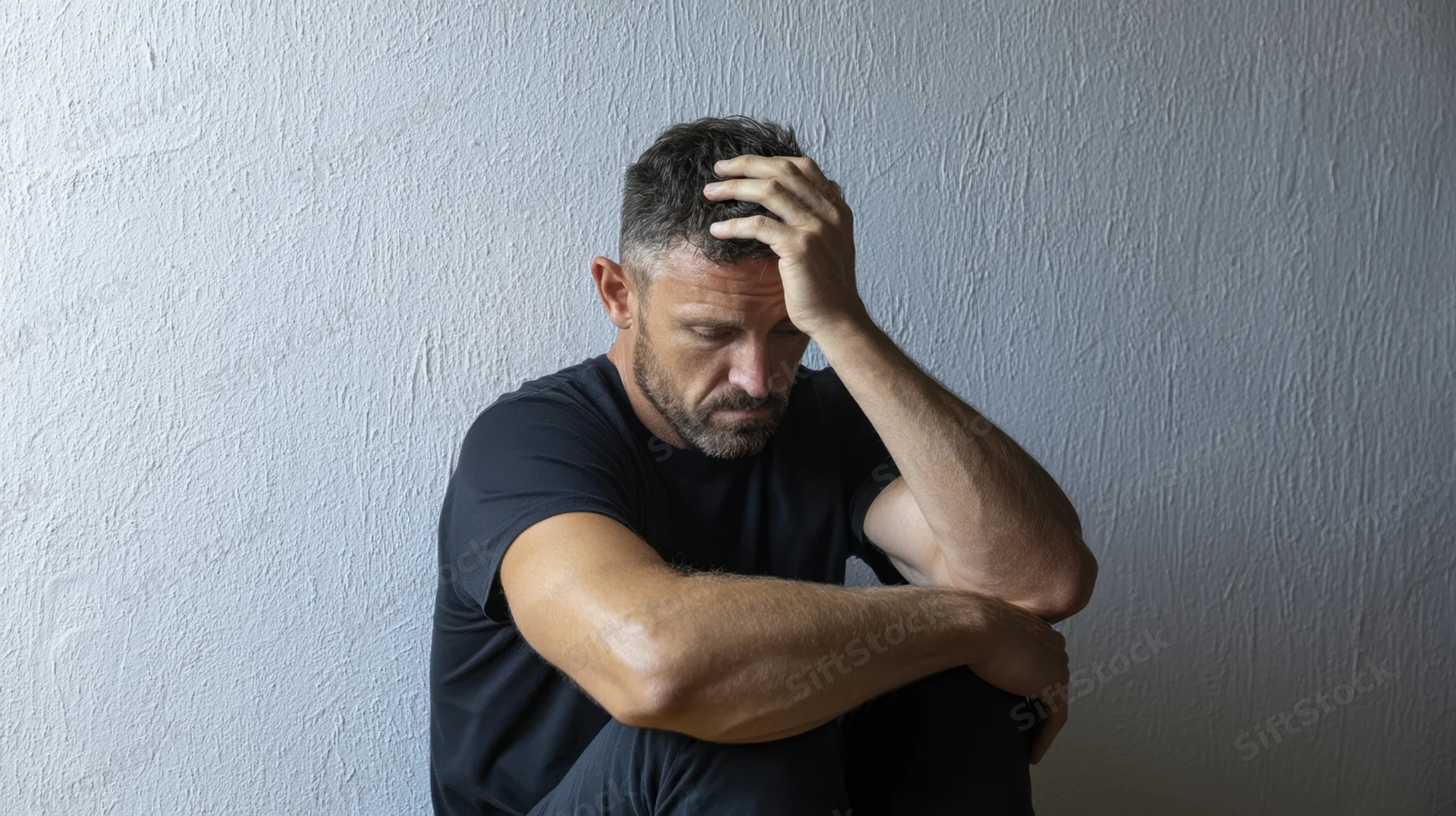 Man sitting against a wall with hand on head, looking down in distress