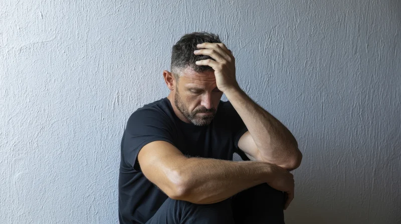 Man sitting against a wall with hand on head, looking down in distress