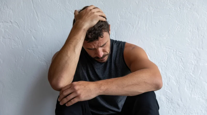Man sitting against a white wall with hand on head, appearing distressed