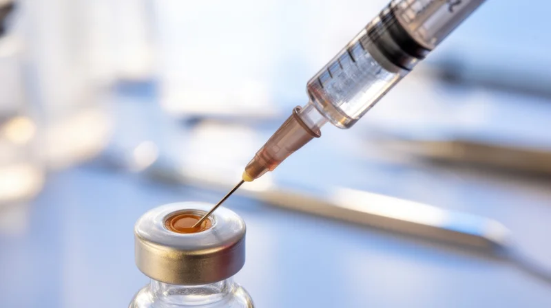 Syringe drawing liquid from a vaccine vial in a medical setting