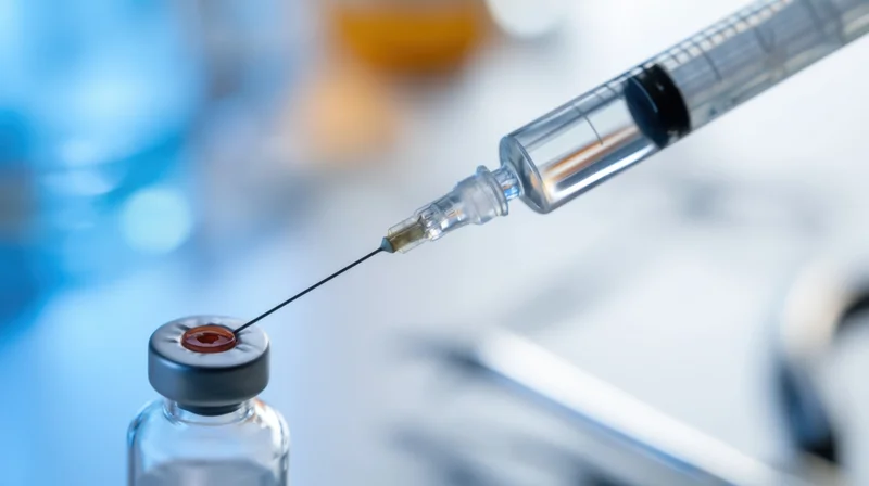Syringe drawing liquid from a vaccine vial in a medical setting