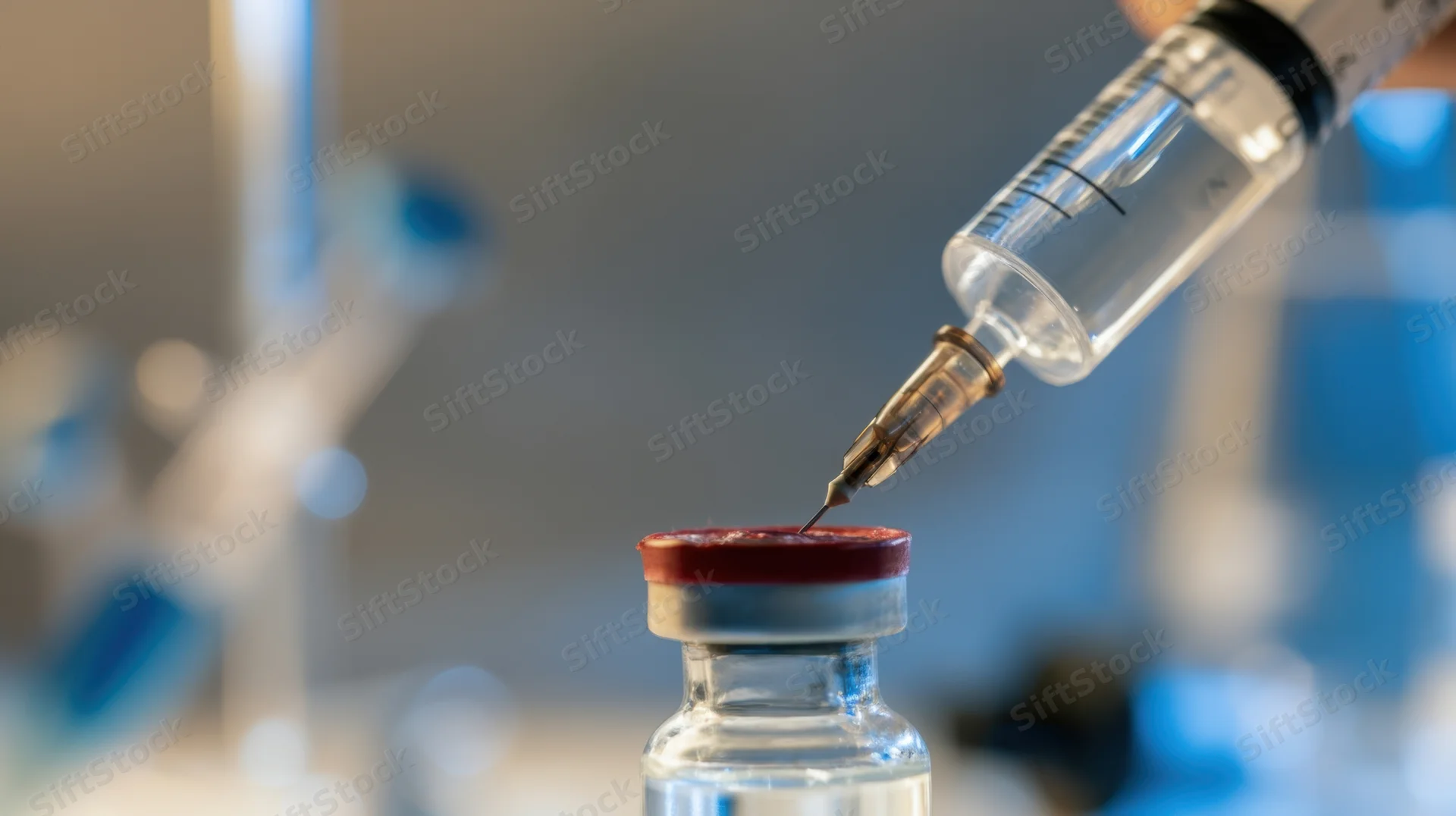 Syringe drawing liquid from a vaccine vial in a laboratory setting