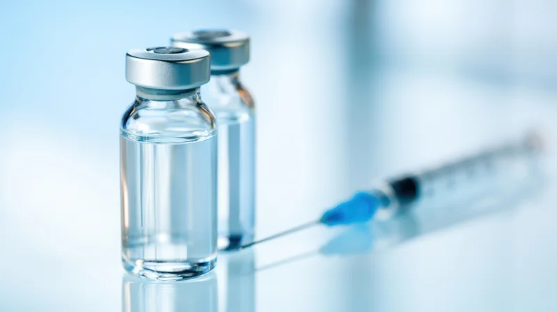 Two glass vaccine vials with a syringe on a reflective surface in a clinical setting